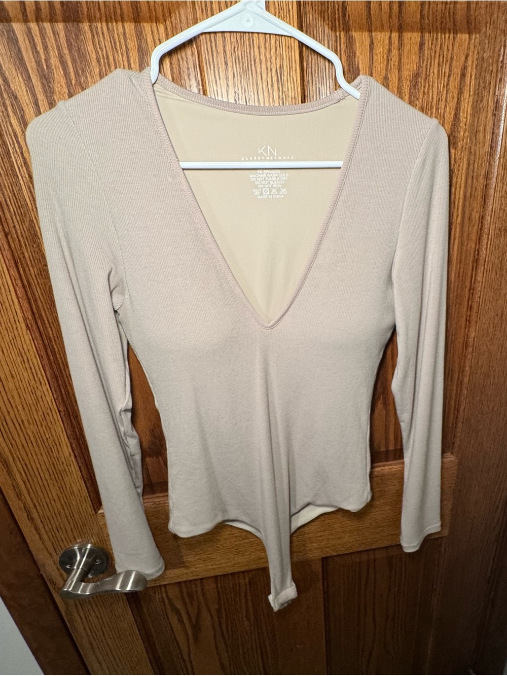 Klassy Network Beige Long Sleeve V-Neck body suit